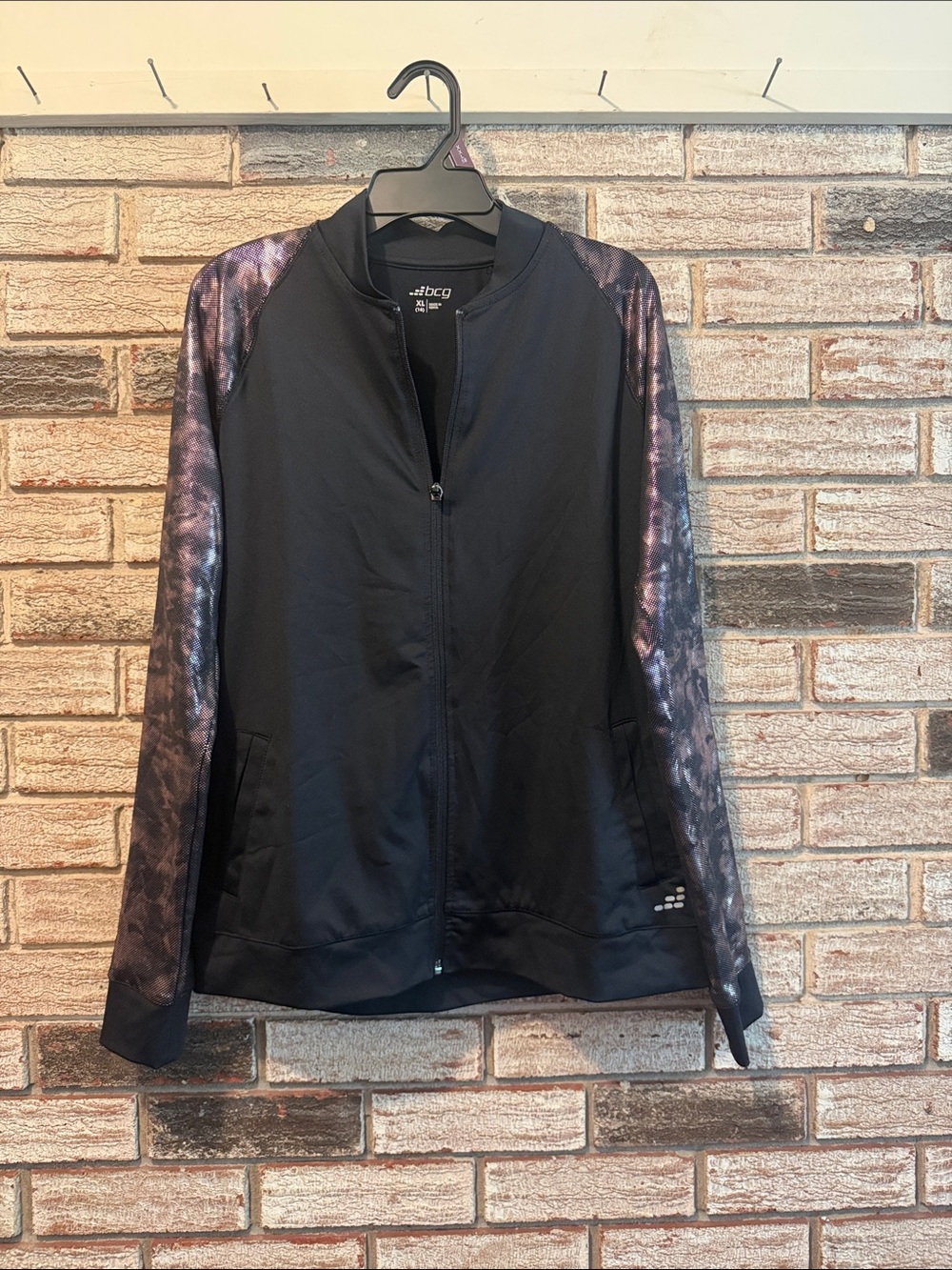 bcg Black Bomber Jacket with Iridescent Purple Sleeves